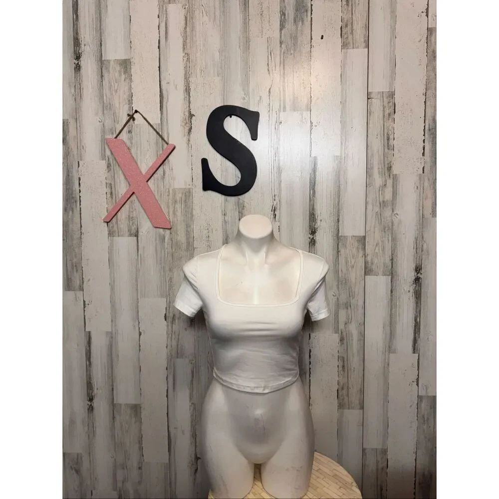 White Square Neck Crop Top Petite XS Fitted Stretch Short Sleeve Basic